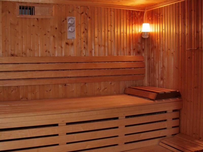 Salle de sauna en bois avec bancs en bois à plusieurs niveaux et une lampe murale.