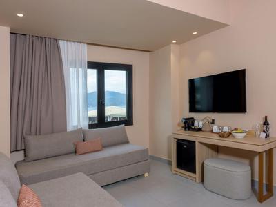 Moderner Hotelzimmerbereich mit zwei Sofas, Fenster mit Bergblick und TV an der Wand.