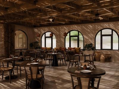 Rustykalna jadalnia z drewnianymi stolikami i krzesłami, dużymi oknami łukowymi i ciepłym światłem.