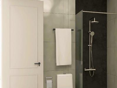 Nowoczesna łazienka z białymi drzwiami, toaletą, wieszakiem na ręczniki i otwartym prysznicem w ciemnym obszarze.