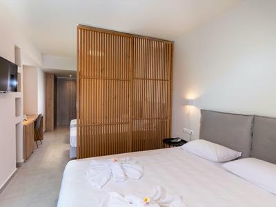 Nowoczesny pokój hotelowy z podwójnym łóżkiem, drewnianą ścianką i telewizorem płaskoekranowym.