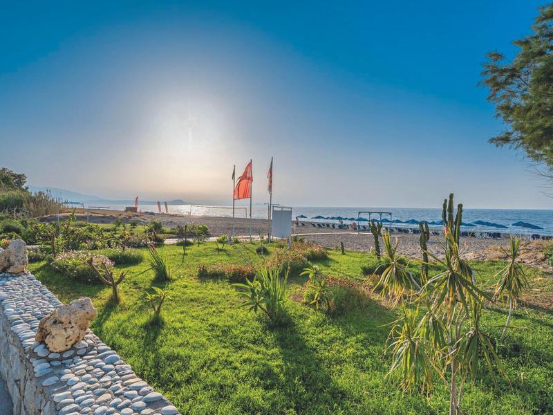 Zielony ogród z flagami przy plaży i niebieskim niebem w tle.