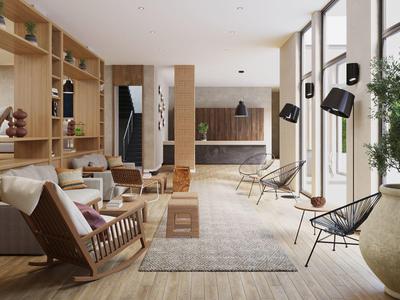 Nowoczesny salon hotelowy z drewnianymi meblami, dużymi oknami i neutralnym wystrojem.