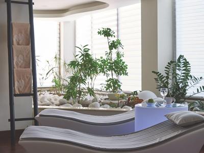 Moderne lounge met gebogen ligstoelen, planten en natuurlijke lichtbronnen.