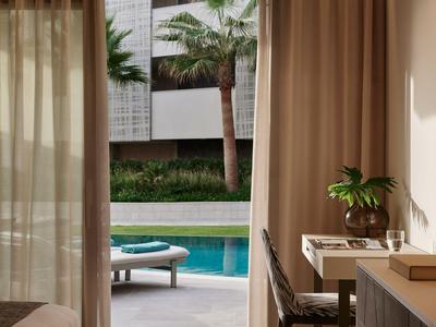 Vista attraverso una tenda su una terrazza con piscina, sedia a sdraio e palme