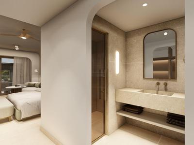 Modern hotel room with walk-in bathroom, double bed, and large glass window.