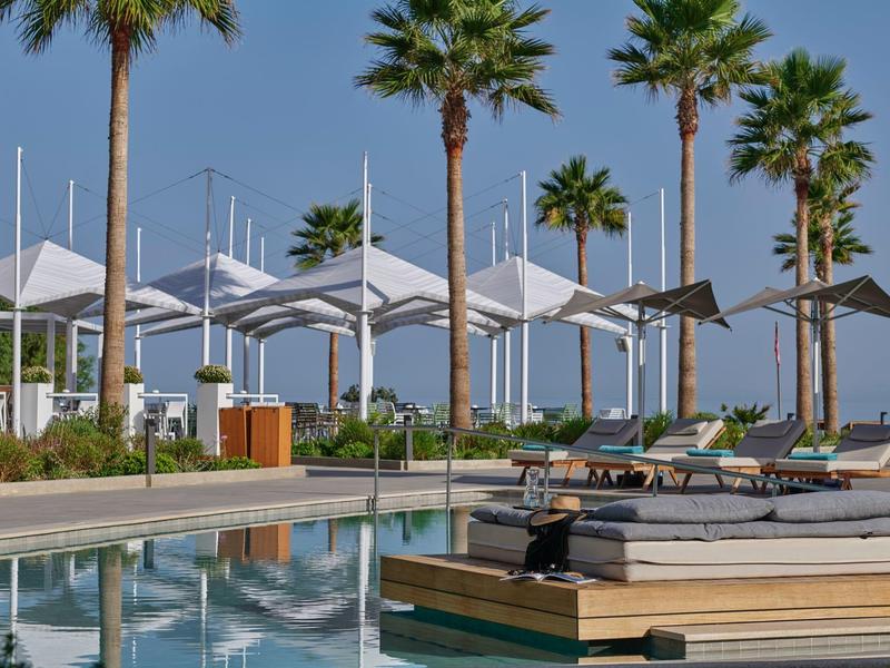 Espace piscine avec chaises longues, parasols et palmiers sous un ciel bleu.