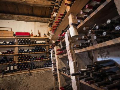 Piwnica na wino z drewnianymi półkami przechowującymi liczne butelki wina, rustykalne kamienne ściany i sufit.