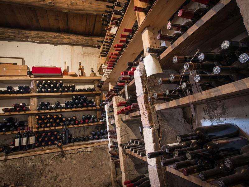 Keller mit Holzregalen, voll mit Weinflaschen und Weinfässern, rustikale Stein- und Holzwände.