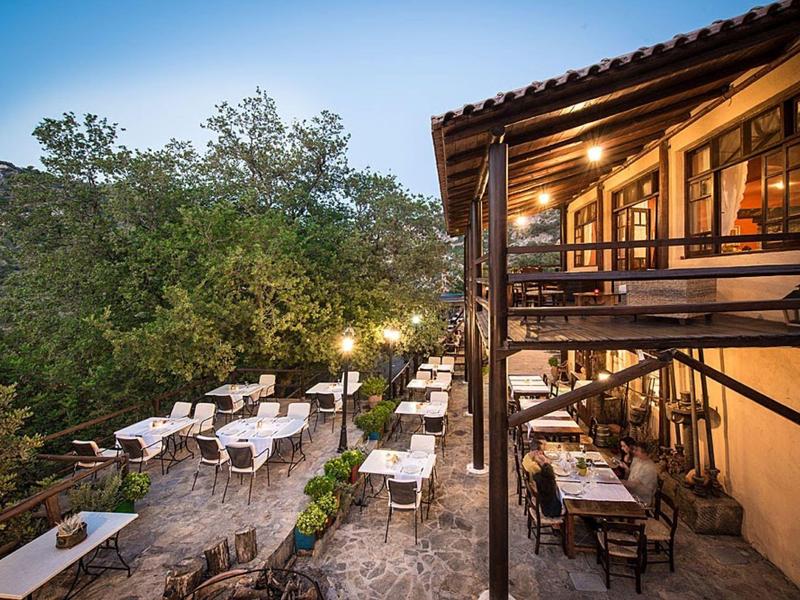 Gemütliche Terrasse mit mehreren weißen Tischen und Stühlen, umgeben von Bäumen bei Abendlicht.