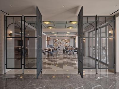 Moderne hotel lobby met grote glazen deuren, glanzende marmeren vloer en zitgedeelte met tafels.