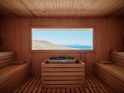 Sauna met houten interieur en groot raam met uitzicht op zee en bergen.