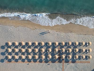 Aerial view of a beach with rows of umbrellas and a single surfboard near the water.