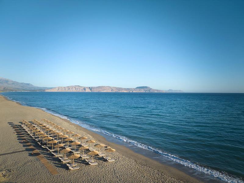 Empty sandy beach with rows of sun loungers and clear blue sky.