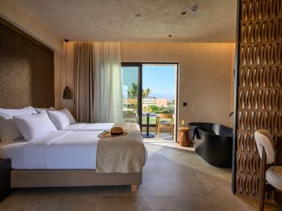 Modernly furnished hotel room with double bed and terrace overlooking outdoors.