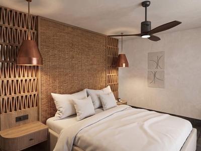 Modern hotel room with double bed, wood paneling, and pendant lights.