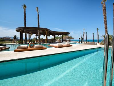 Modern outdoor pool with loungers and palm trees under clear blue sky by the sea.