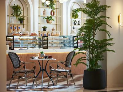 Gemütlicher Hotel-Cafébereich mit zwei Stühlen, Tischen und einem großen Pflanzenkübel.