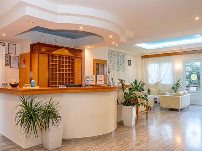 Hall d'hôtel moderne avec comptoir d'accueil, plantes et espace salon éclairé naturellement.