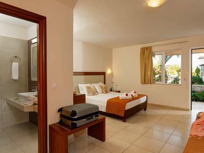 Camera d'hotel luminosa con letto matrimoniale, porta del bagno aperta e vista sul giardino.