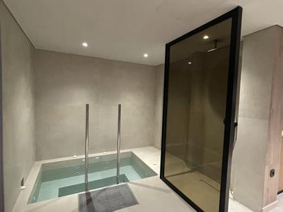 Area benessere moderna con piccola piscina, scaletta in acciaio e porta scorrevole in vetro.