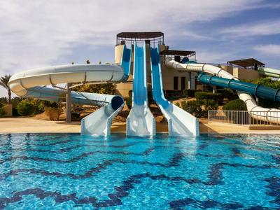 Plusieurs toboggans aquatiques débouchent dans une grande piscine extérieure sous un ciel bleu.