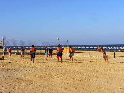 People playing beach volleyball on sandy shore with ocean and clear sky in background.