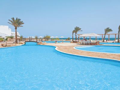 Großer, blauer Swimmingpool mit Palmen und Blick auf das Meer bei klarem Himmel.