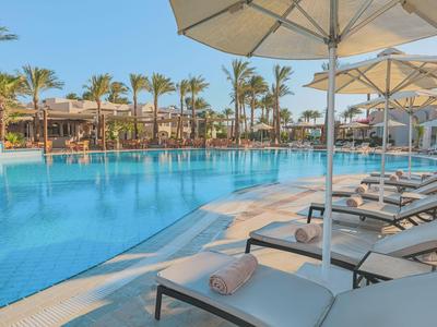 Une grande piscine extérieure avec des chaises longues, des parasols et des palmiers en arrière-plan.