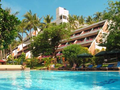 Großes Hotel mit weißen und braunen Balkonen, Palmen und klarem blauen Pool unter blauem Himmel.