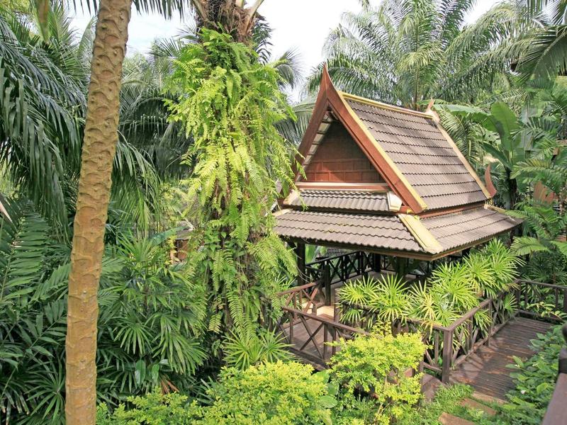 Traditionelles Holzhaus mit spitzem Dach, umgeben von dichtem, grünem tropischem Pflanzenwuchs.