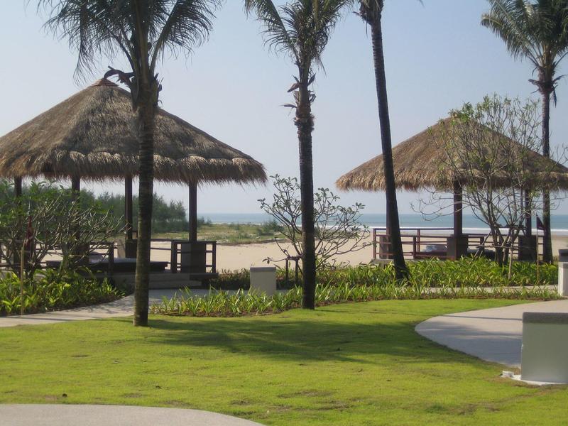 Grüne Wiese mit Palmen und zwei Strohdachpavillons neben einem Weg, blauer Himmel im Hintergrund.