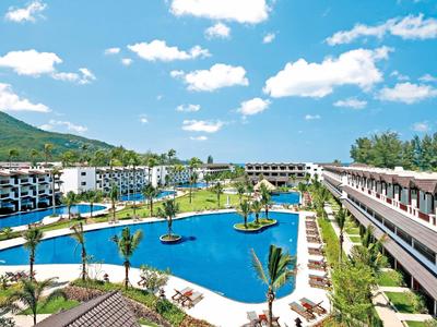 Große Hotelanlage mit Pool, Palmen und Bergen im Hintergrund unter blauem Himmel.
