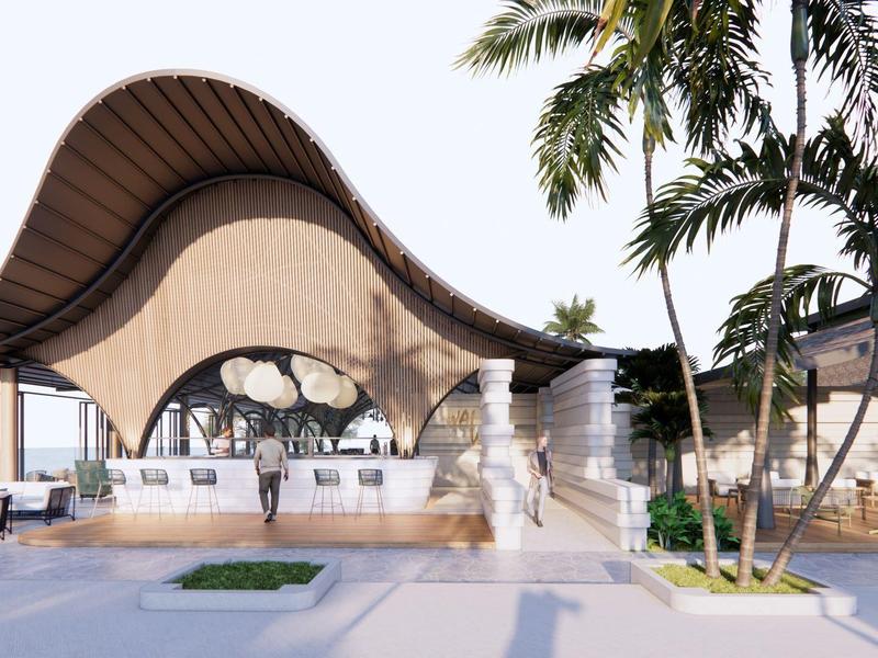 Modernes Hotel mit wellenförmigem Dach und Palmen im Außenbereich