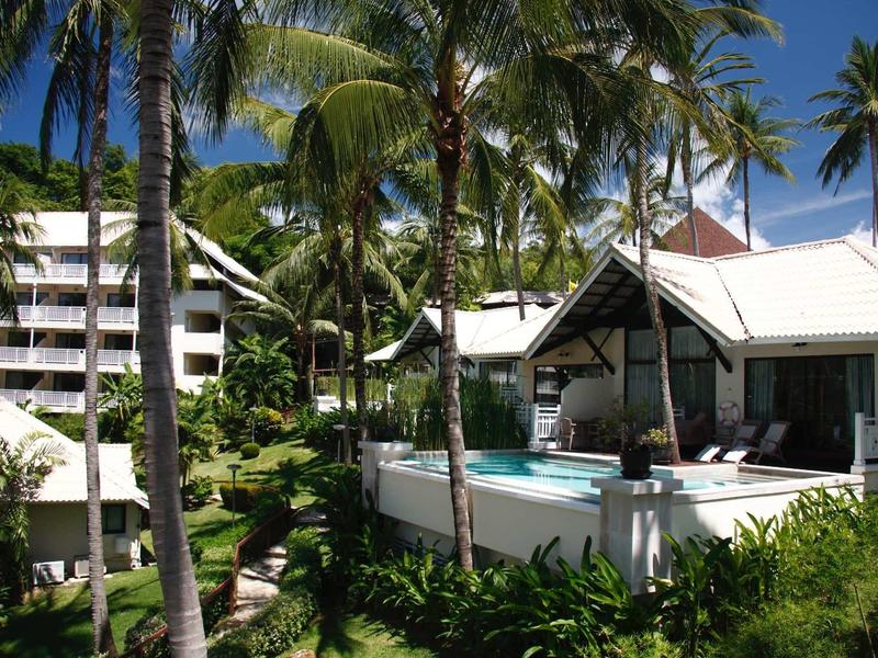 Tropische Hotelanlage mit Pool, Palmen und mehrstöckigen weißen Gebäuden unter blauem Himmel.