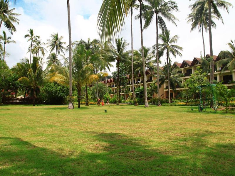 Grande pelouse avec des palmiers et une végétation tropicale devant des maisons en bois