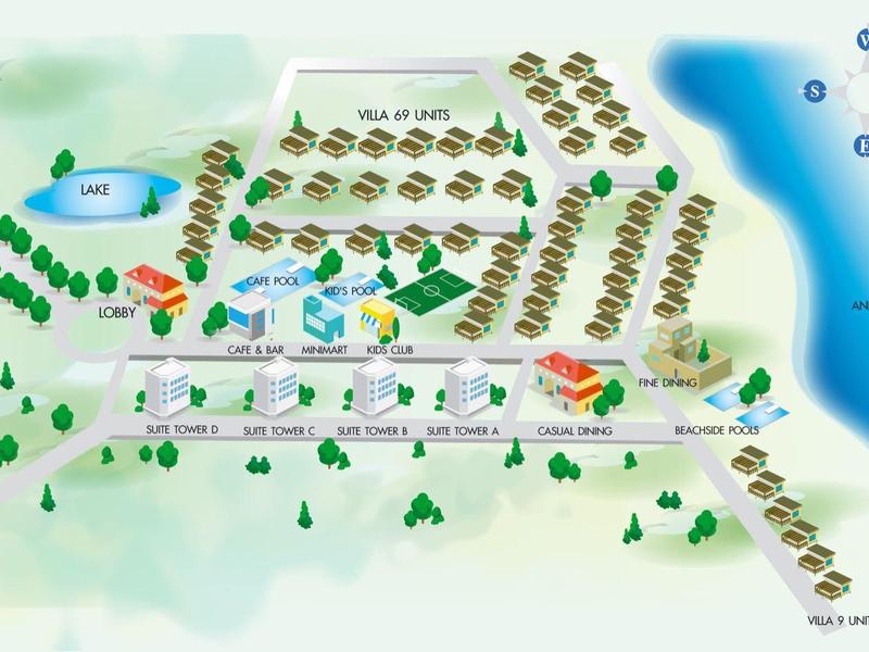 Illustration eines Ferienparks mit Hütten, Pool, Spielplatz, Parkplatz und Zugang zum Strand.