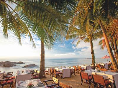 Terraza de restaurante bajo palmeras con vista al mar y mesas para huéspedes en la playa.