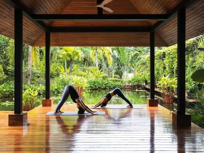 Due persone praticano yoga su un ponte in legno coperto con vista su piante verdi rigogliose e uno stagno.
