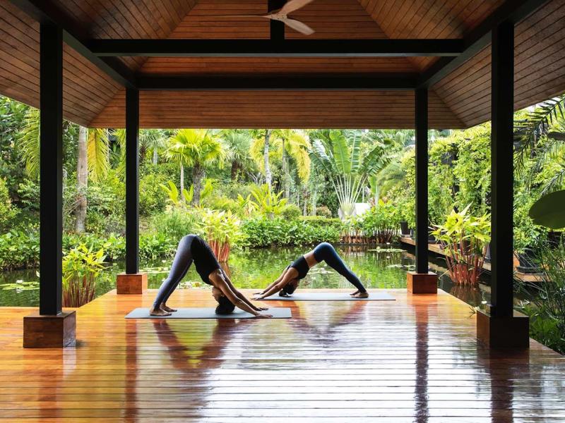 Due persone praticano yoga su un ponte in legno coperto con vista su piante verdi rigogliose e uno stagno.