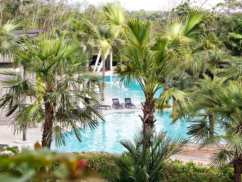 Una piscina con sedie sdraio, circondata da palme e vegetazione tropicale.