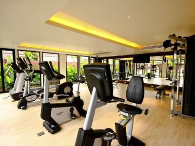 Moderne fitnessruimte met cardio- en krachtapparatuur bij grote ramen en natuurlijk licht