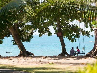 Strand mit großen Bäumen, Schaukel an Ästen und zwei sitzenden Personen am blauen Meer.
