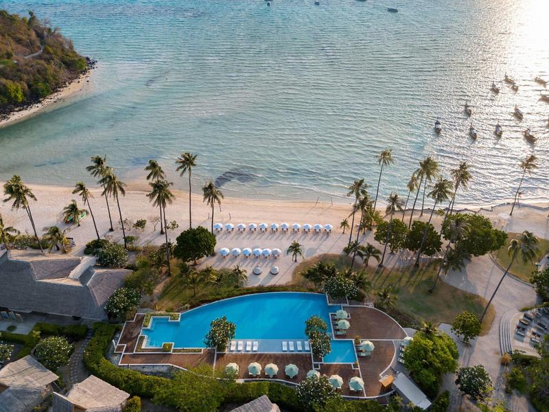 Aerial view of a tropical beach with palm trees, a pool, and sun loungers at the hotel