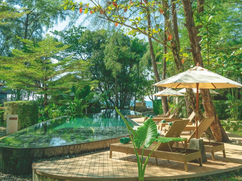 Pool with lounge chairs and umbrella amidst a green garden.