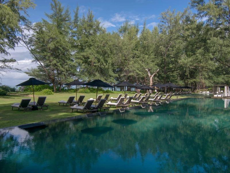 Pool mit Liegestühlen und Sonnenschirmen neben einer Rasenfläche und Bäumen