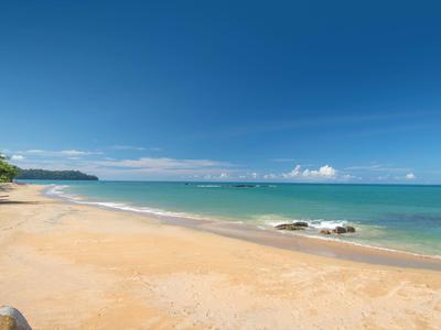 Une plage de sable paisible avec un ciel clair et une mer calme.