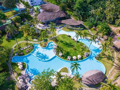 Luftaufnahme eines tropischen Hotels mit geschwungenem Pool, Palmen und Strohdachbungalows.
