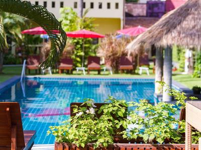 Ein Swimmingpool im Freien, umgeben von grünen Pflanzen, Sonnenschirmen und Liegestühlen.