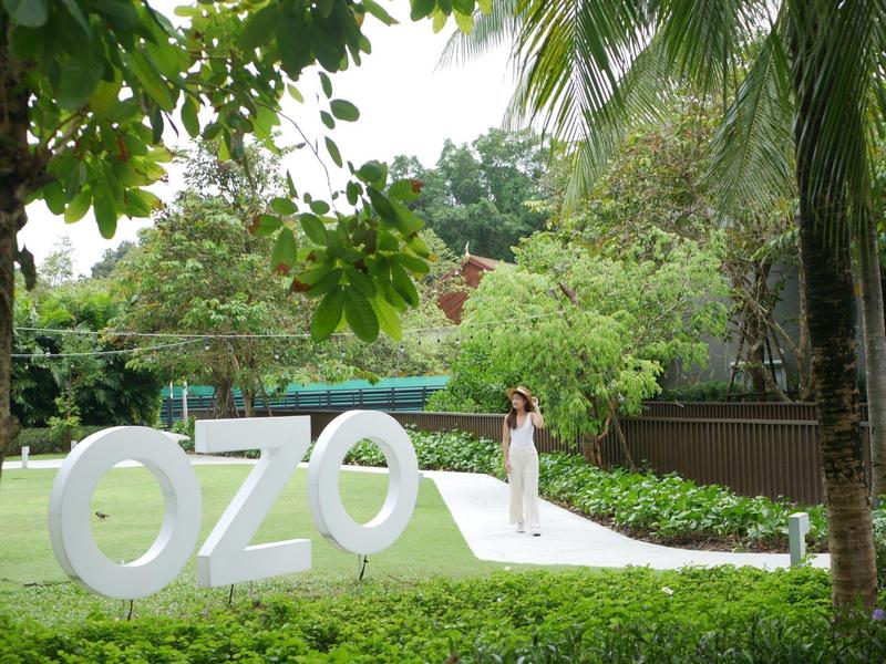 Großer weißer Schriftzug "OZO" auf Rasen, umgeben von Palmen und grünen Bäumen, begehbarer Weg dahinter.